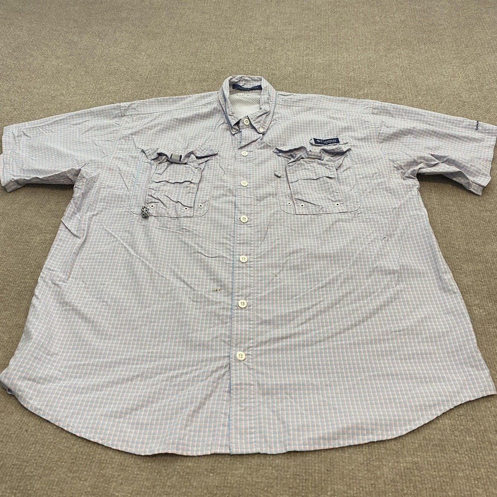 Columbia Super Bahama Shirt Mens Medium Blue Short Sleeve Button Up Fish Travel